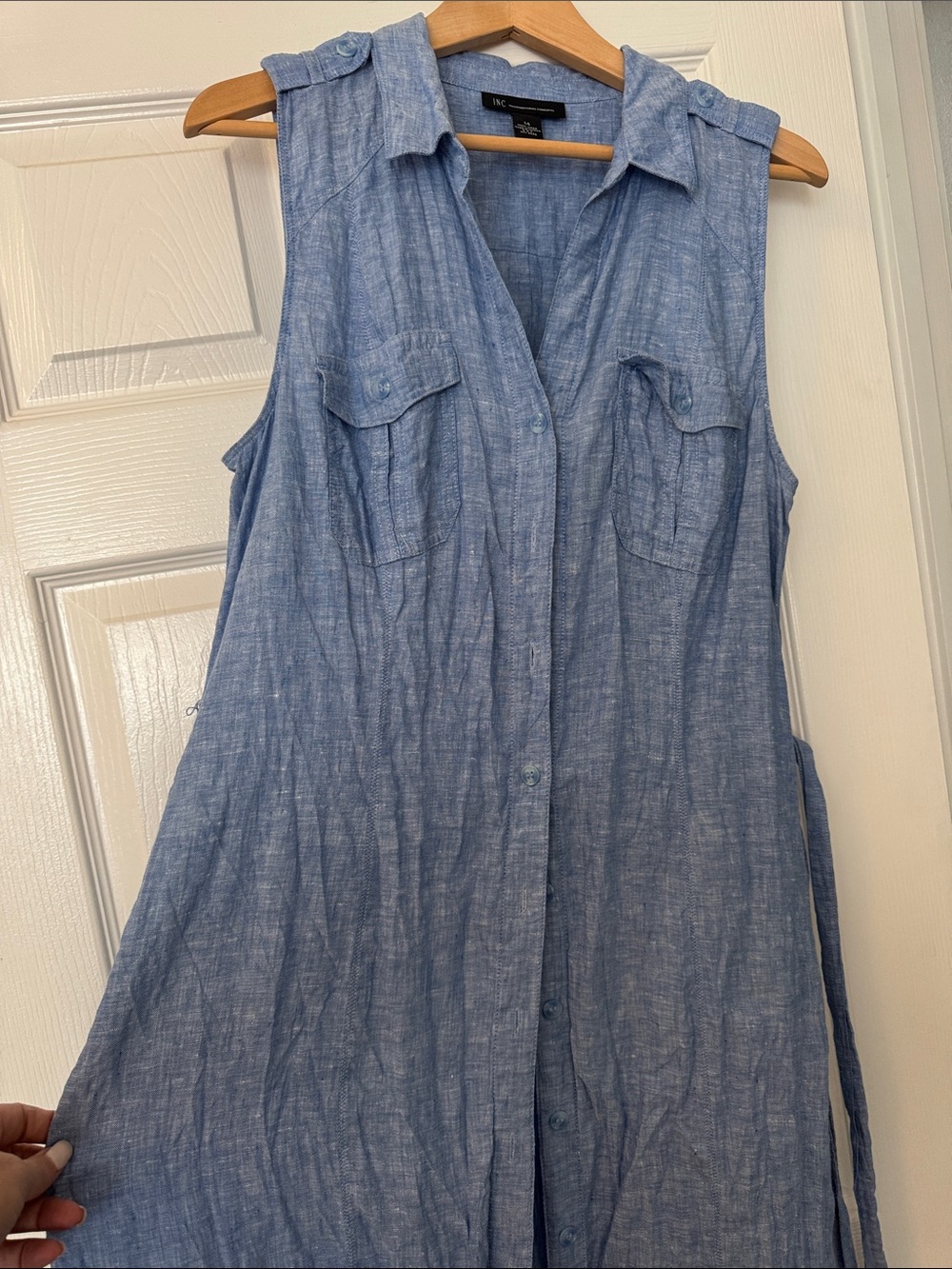 INC Linen Light Blue Sleeveless Tie-Waist Dress - Picture 7 of 7